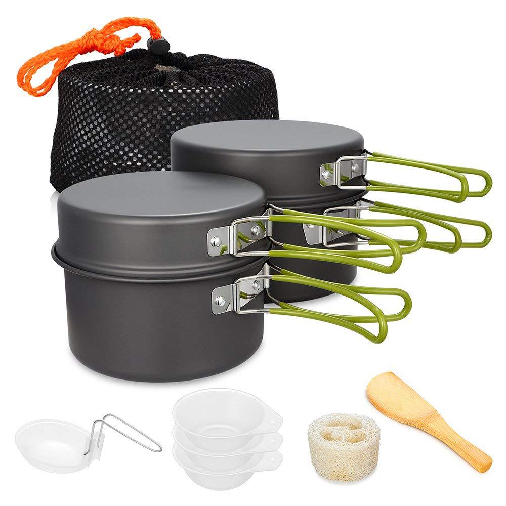 lightweight nonstick nesting camping cookware set with folding heat-resistant silicone handles and compact storage Kalsten
