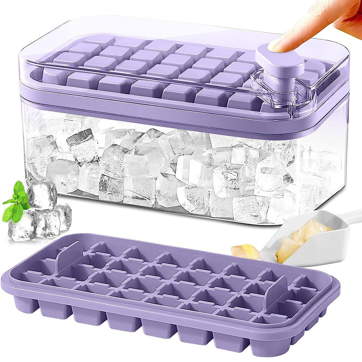 Skanto | 101oz. Ice Cube Tray Set - 64-Cell Silicone Ice Cube Tray with Lid and Container