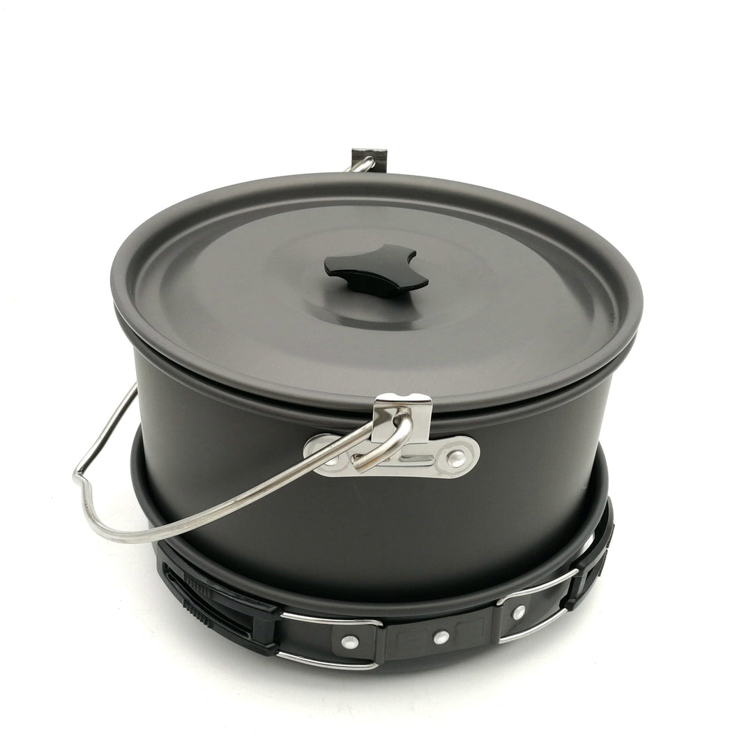 lightweight anodized aluminum camping cookware set with nesting pots kettle folding handles and nonstick interiors Kalsten