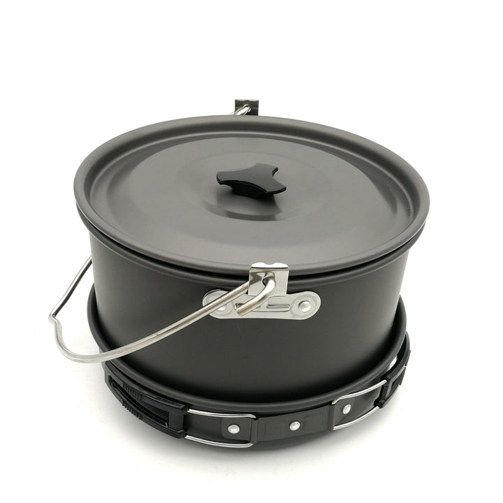 lightweight anodized aluminum camping cookware set with nesting pots kettle folding handles and nonstick interiors Kalsten