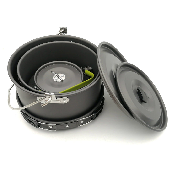 lightweight anodized aluminum camping cookware set with nesting pots kettle folding handles and nonstick interiors Kalsten