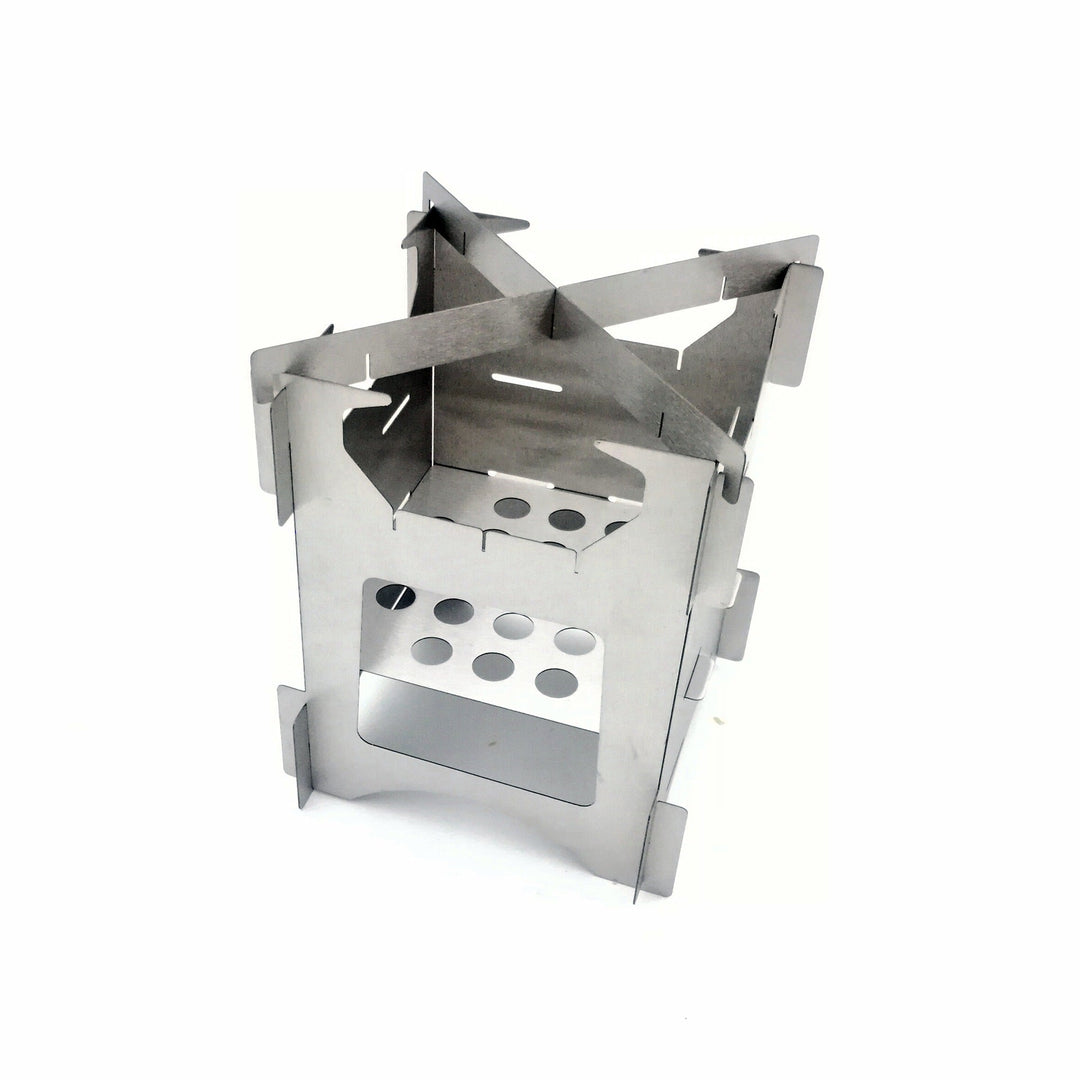 compact stainless steel portable wood-burning camping stove with tool-free interlocking assembly Kalsten