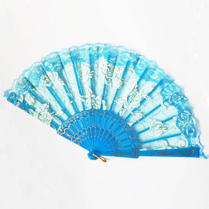 Ladies elegant fan made of sheer lace with floral embellishments Kalsten