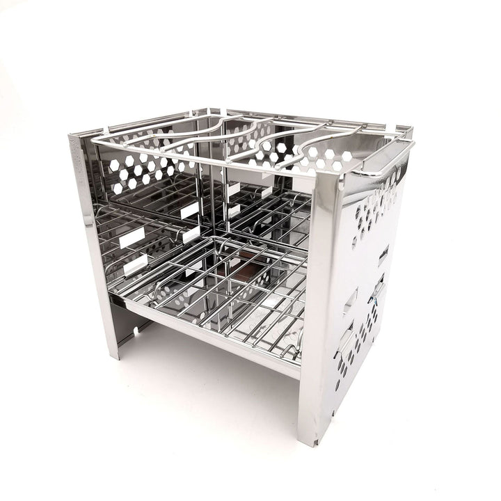 stainless steel collapsible portable camping grill with multi-tier racks and integrated skewer holders Kalsten