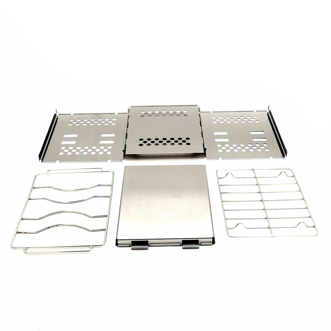 stainless steel collapsible portable camping grill with multi-tier racks and integrated skewer holders Kalsten