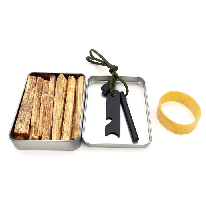 compact emergency fire starter kit with ferrocerium rod striker waxed tinder sticks and lightweight metal storage tin Kalsten