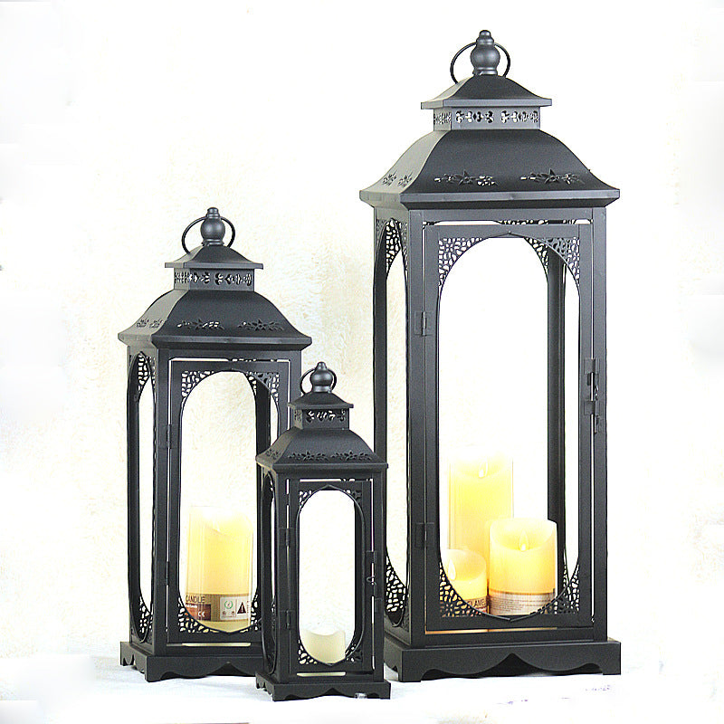 Nesting Coastal Ornate Metal and Glass Candle Lanterns for Tabletop Decor Acalora