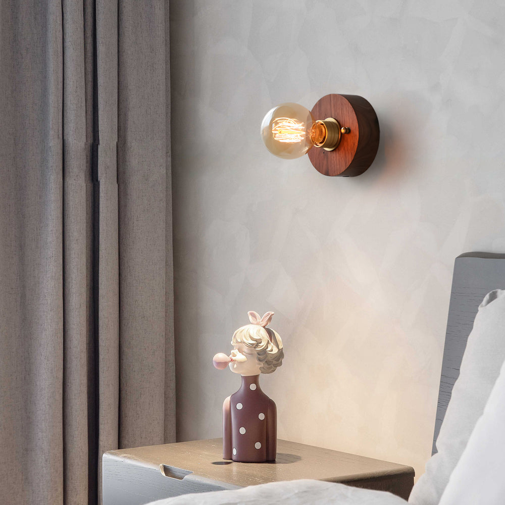 Round/Square Vintage Walnut Wood Wall Lamp 1-light with Pull Chain Switch | Kalsten