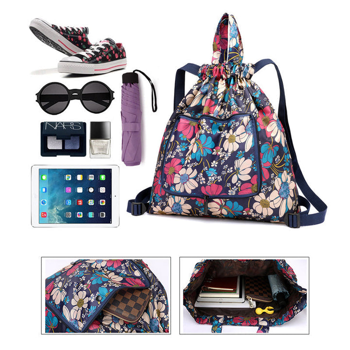 Foldable Printed Nylon Backpack with Drawstring | Kalsten