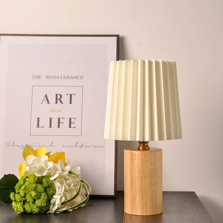 Vintage Korean Pleated Column Solid Wood Base 1-Light Table Lamp | Kalsten