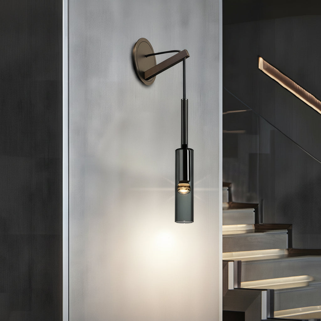 Nordic Cylinder Glass Wall Sconce – Brass & Smoke Gray Pendant Wall Light (E14) | Kalsten