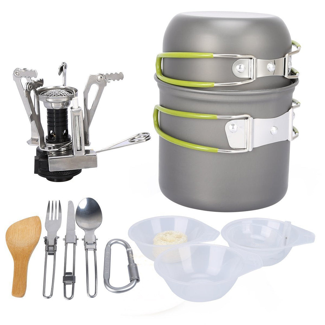 compact lightweight camping cookware and backpacking cook set with folding stove and nesting non-stick pots Kalsten