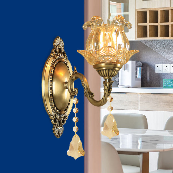 Traditional Semi-Open Flower Sconce 1/2-Light Clear Glass Wall Mount Lighting in Brass | Kalsten