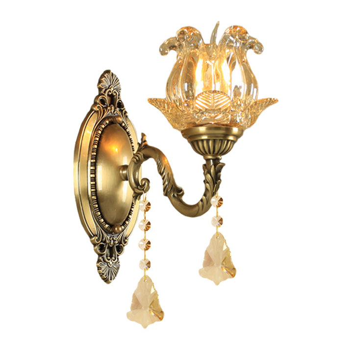 Traditional Semi-Open Flower Sconce 1/2-Light Clear Glass Wall Mount Lighting in Brass | Kalsten