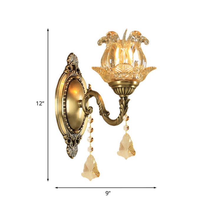 Traditional Semi-Open Flower Sconce 1/2-Light Clear Glass Wall Mount Lighting in Brass | Kalsten