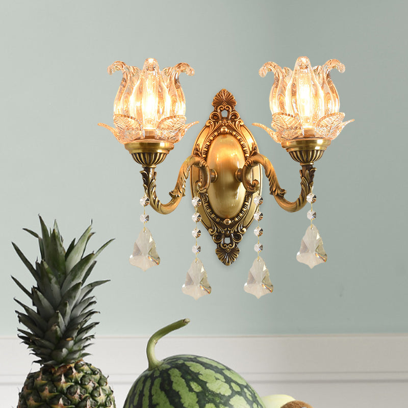 Traditional Semi-Open Flower Sconce 1/2-Light Clear Glass Wall Mount Lighting in Brass | Kalsten