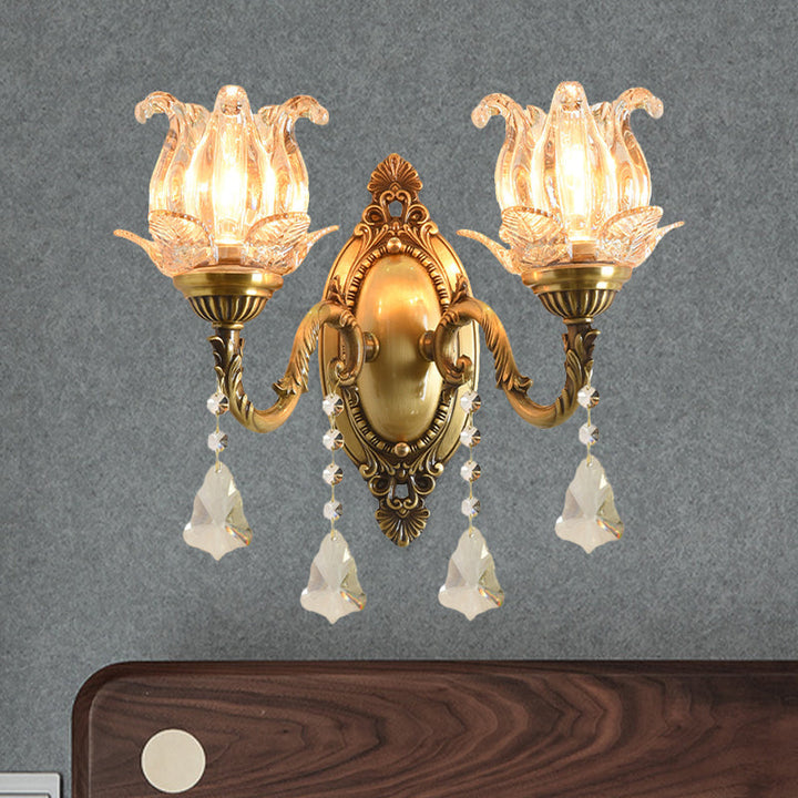 Traditional Semi-Open Flower Sconce 1/2-Light Clear Glass Wall Mount Lighting in Brass | Kalsten