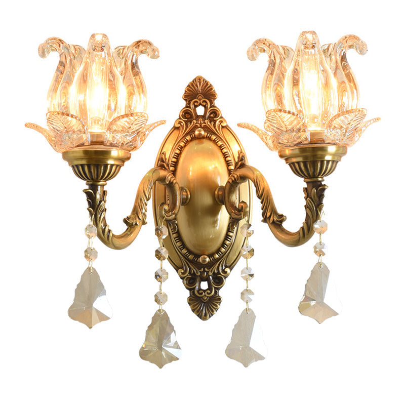 Traditional Semi-Open Flower Sconce 1/2-Light Clear Glass Wall Mount Lighting in Brass | Kalsten
