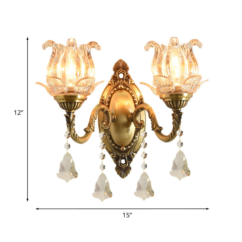 Traditional Semi-Open Flower Sconce 1/2-Light Clear Glass Wall Mount Lighting in Brass | Kalsten