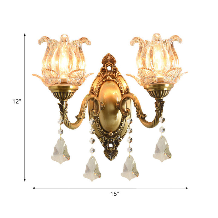 Traditional Semi-Open Flower Sconce 1/2-Light Clear Glass Wall Mount Lighting in Brass | Kalsten