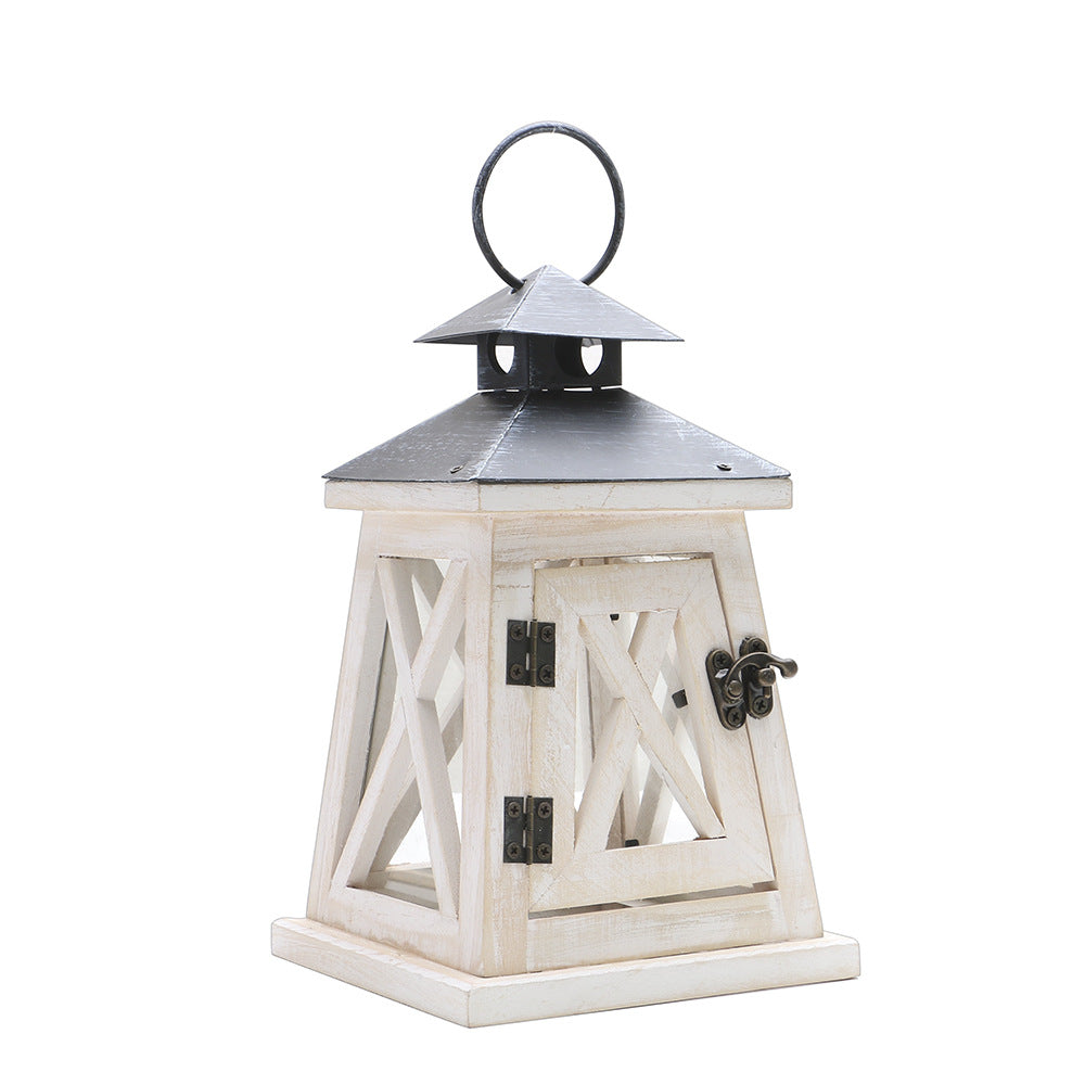 Rustic Distressed Wood Lantern Candle Holder with Glass Panels and Metal Roof Acalora