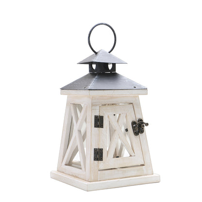 Rustic Distressed Wood Lantern Candle Holder with Glass Panels and Metal Roof Acalora
