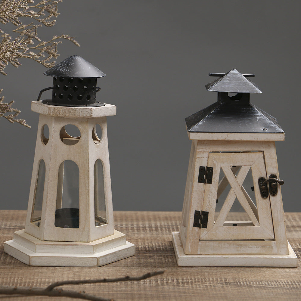 Rustic Distressed Wood Lantern Candle Holder with Glass Panels and Metal Roof Acalora