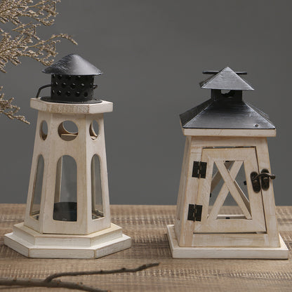 Rustic Distressed Wood Lantern Candle Holder with Glass Panels and Metal Roof Acalora