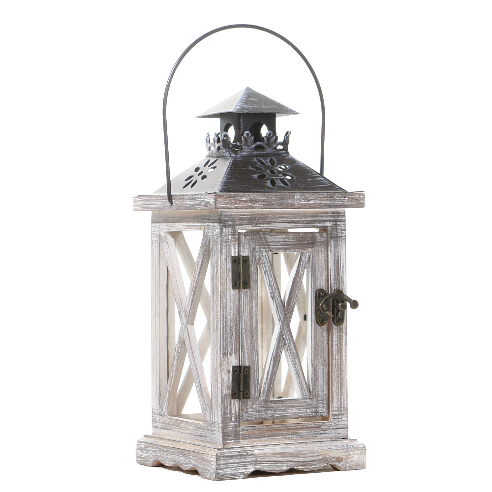 Rustic Wooden Glass-Paneled Lantern with Metal Roof and Latch Candle Holder Acalora
