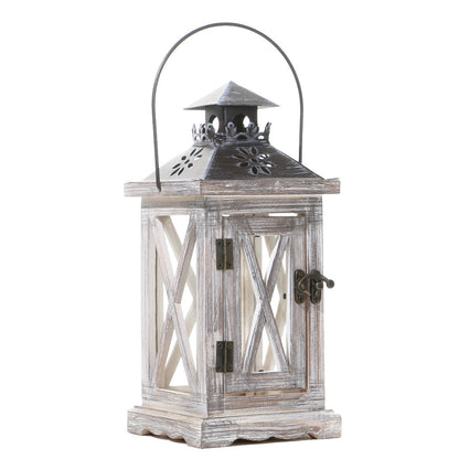 Rustic Wooden Glass-Paneled Lantern with Metal Roof and Latch Candle Holder Acalora