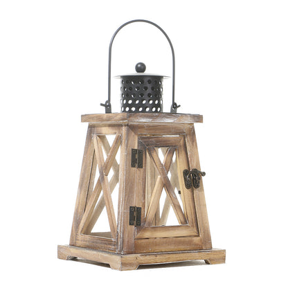 Distressed Wood Glass Candle Lantern with Perforated Metal Top and Vintage Latch Acalora