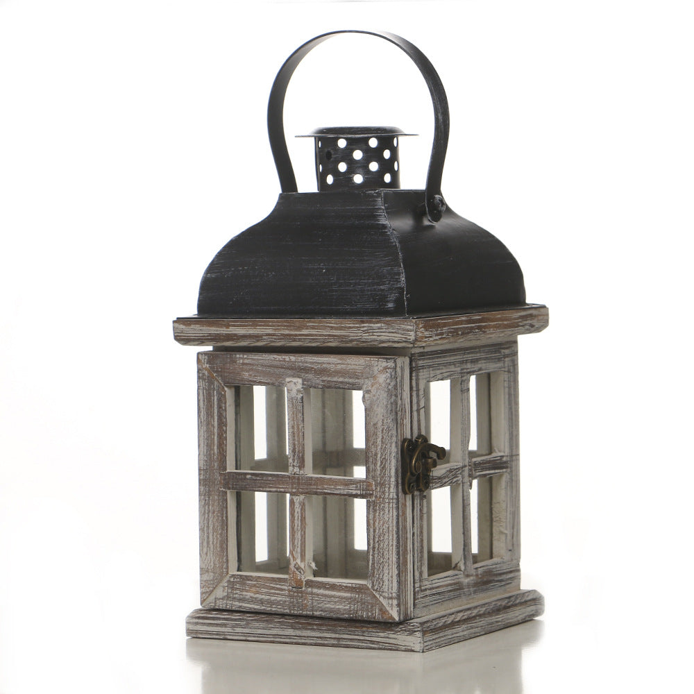 Rustic Wooden Glass-Paneled Lantern with Metal Roof and Latch Candle Holder Acalora