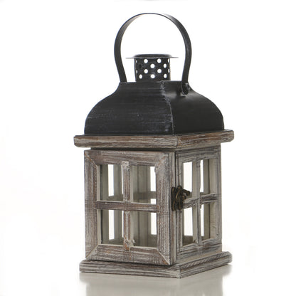 Rustic Wooden Glass-Paneled Lantern with Metal Roof and Latch Candle Holder Acalora