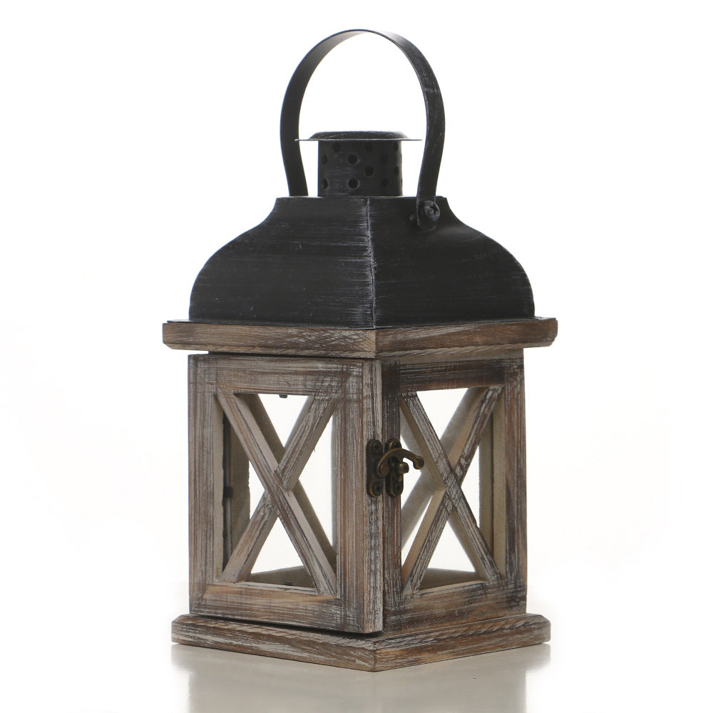 Distressed Wood Glass Candle Lantern with Perforated Metal Top and Vintage Latch Acalora