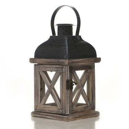 Rustic Wooden Glass-Paneled Lantern with Metal Roof and Latch Candle Holder Acalora
