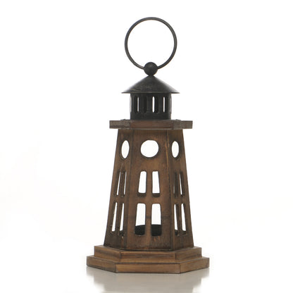 Distressed Wood Glass Candle Lantern with Perforated Metal Top and Vintage Latch Acalora