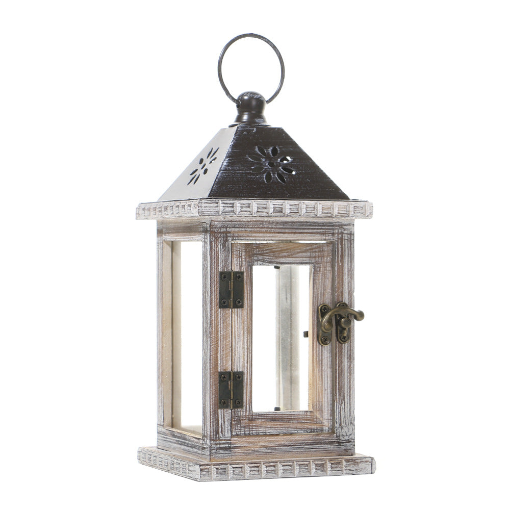 Rustic Wooden Glass-Paneled Lantern with Metal Roof and Latch Candle Holder Acalora
