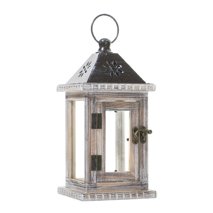Rustic Wooden Glass-Paneled Lantern with Metal Roof and Latch Candle Holder Acalora