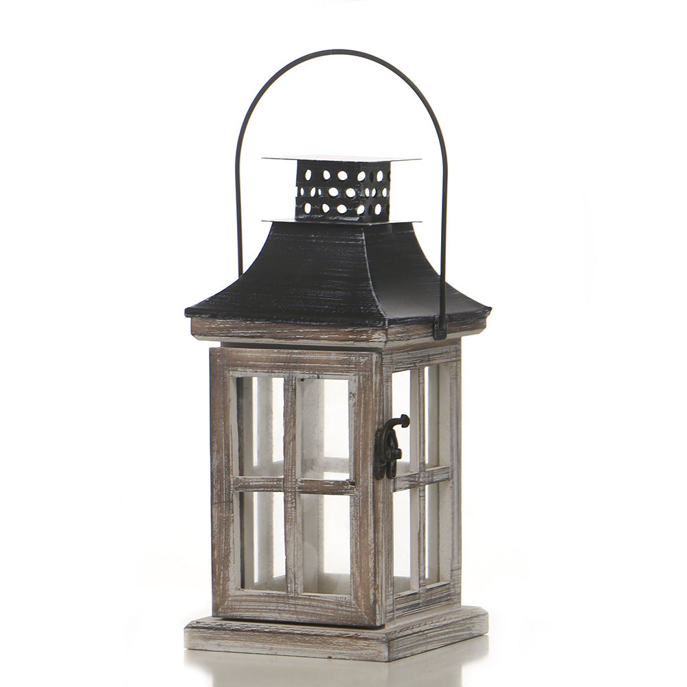Distressed Wood Glass Candle Lantern with Perforated Metal Top and Vintage Latch Acalora