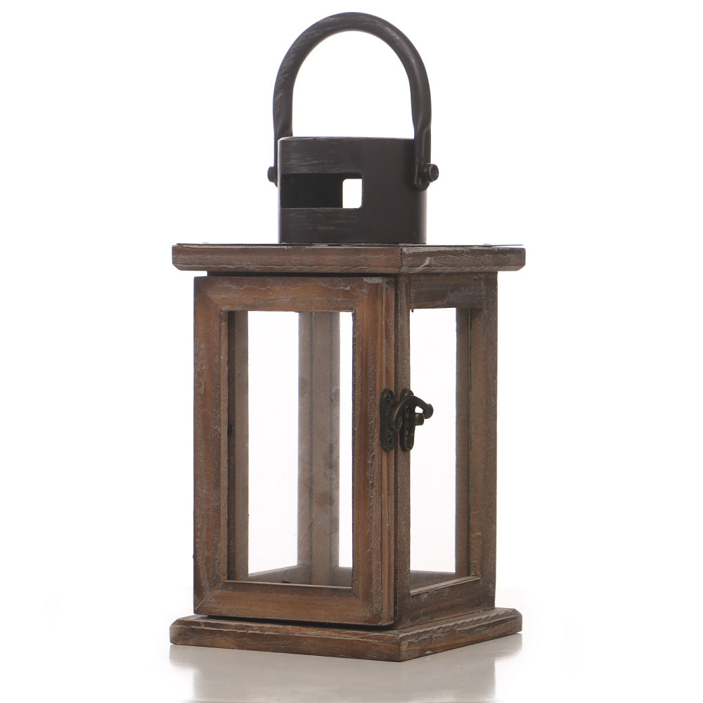 Rustic Wooden Glass-Paneled Lantern with Metal Roof and Latch Candle Holder Acalora