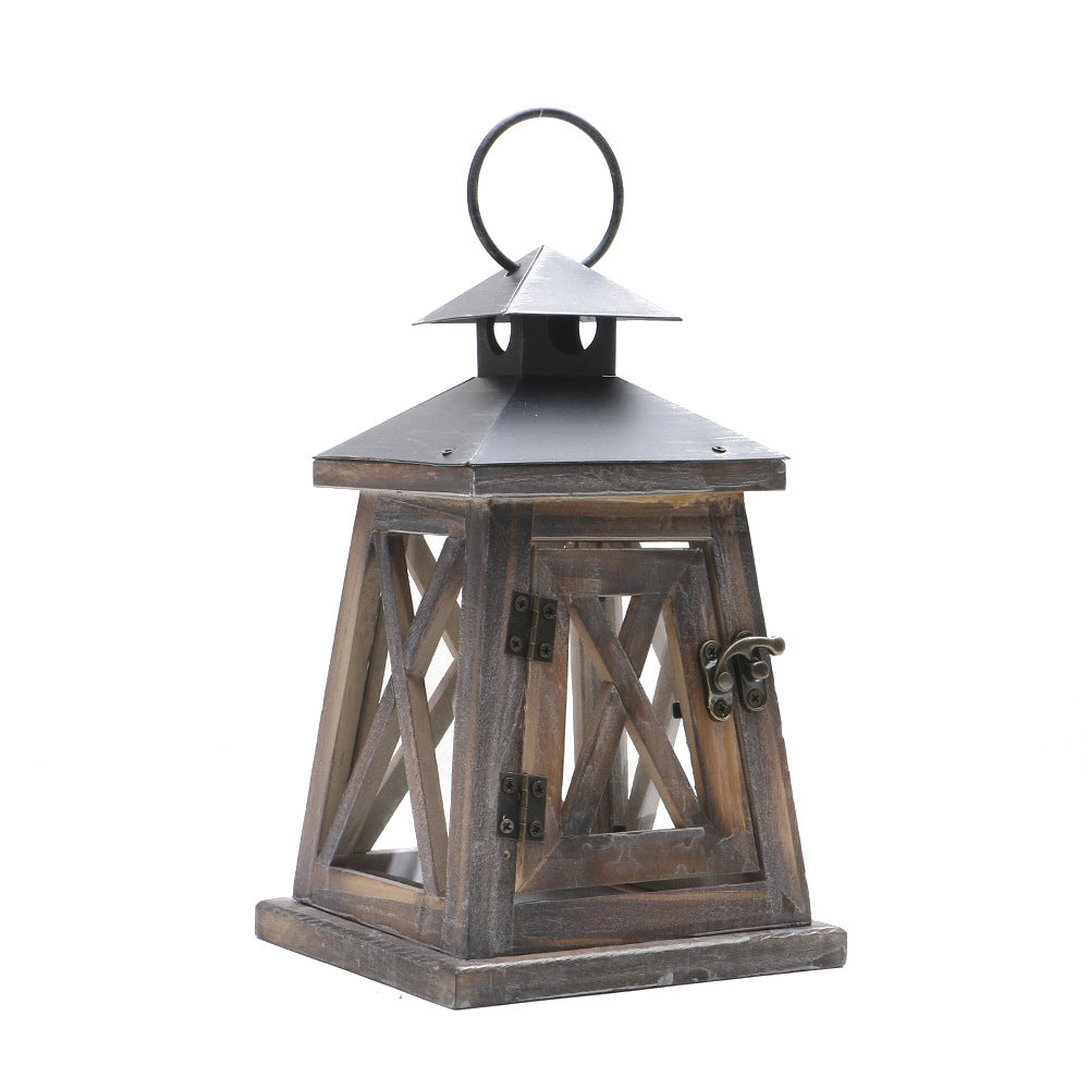 Rustic Wooden Glass-Paneled Lantern with Metal Roof and Latch Candle Holder Acalora