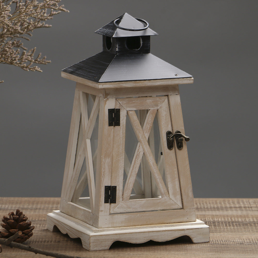 Rustic Wooden Glass-Paneled Lantern with Metal Roof and Latch Candle Holder Acalora