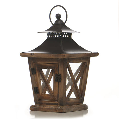Farmhouse Wooden Lantern with Metal Pagoda Roof and Glass Panels Acalora