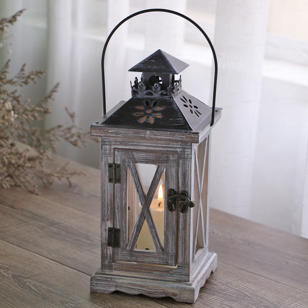 Distressed Wood Glass Candle Lantern with Perforated Metal Top and Vintage Latch Acalora