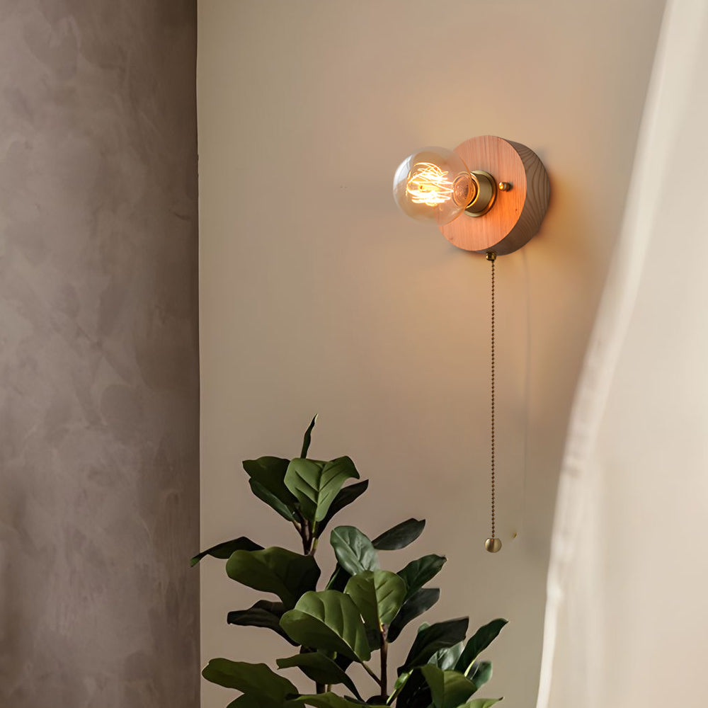 Round/Square Vintage Walnut Wood Wall Lamp 1-light with Pull Chain Switch | Kalsten