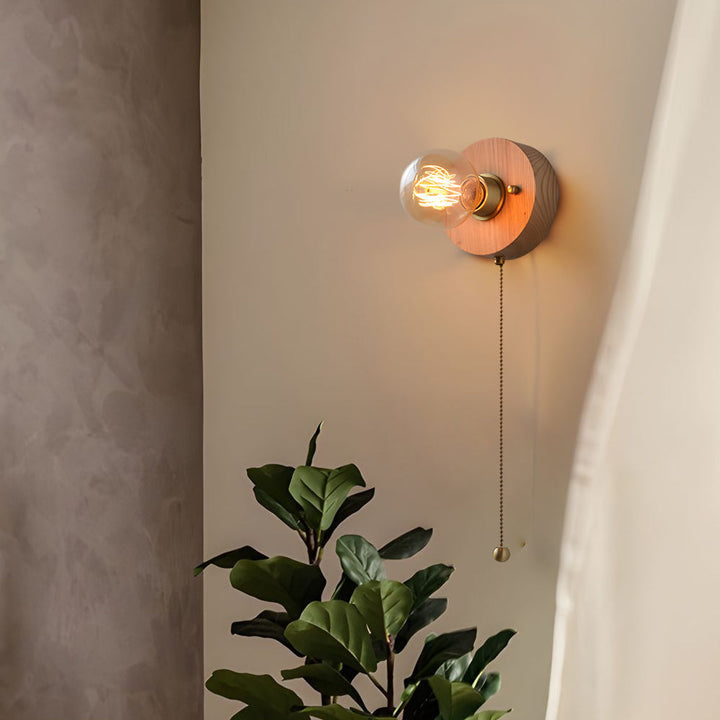 Round/Square Vintage Walnut Wood Wall Lamp 1-light with Pull Chain Switch | Kalsten