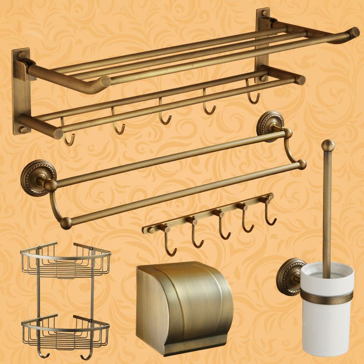 Kalsten | Worn Brass Traditional Bathroom Set with Bath Shelf/Paper Holder & Towel Bar