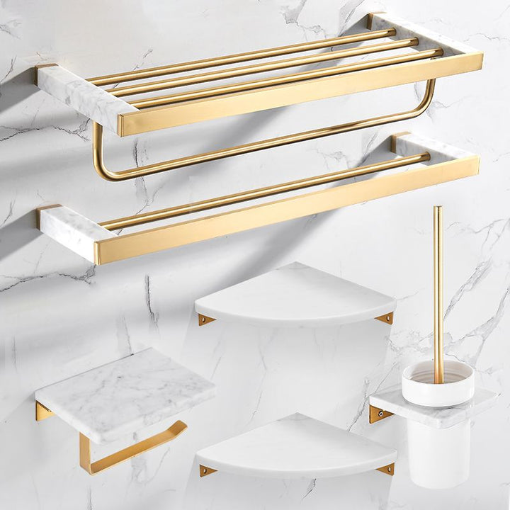 Kalsten | Brushed Brass Bathroom Accessory Set Metal & Marble Bathroom Hardware Set with Bathtub Shelf