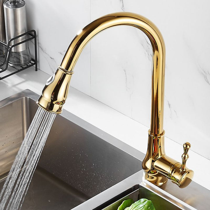Kalsten | Brushed Gold Kitchen Sink Faucet High Arc Swivel Spout with Pull-Down Spray Head