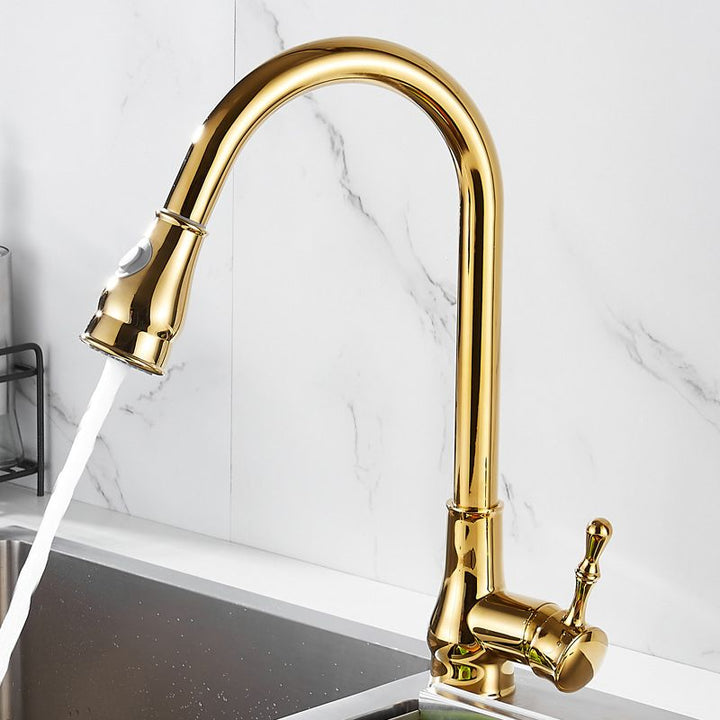 Kalsten | Brushed Gold Kitchen Sink Faucet High Arc Swivel Spout with Pull-Down Spray Head